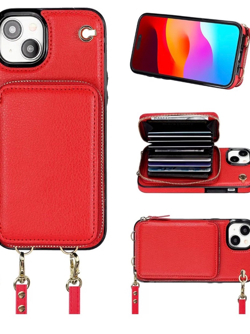 iPhone Red Zipper Wallet Phone Case with Removable Straps With FREE Clear Case
